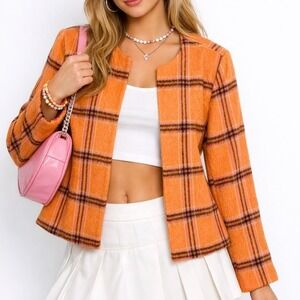 Nouveaux Vintage Mohair Wool Blend Coral Orange Windowpane Plaid Blazer Size 12